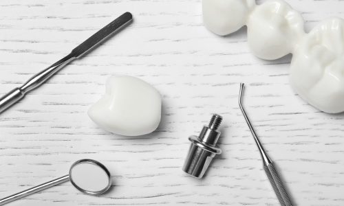 Modèles dentaires représentant un pont, une couronne et un implant dentaire, avec des instruments